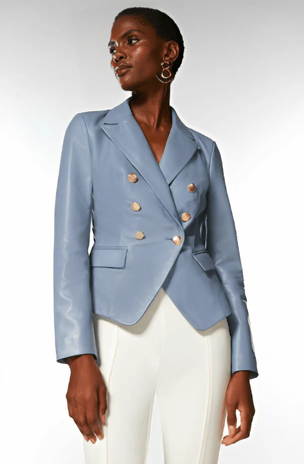 Women's Stone Blue Leather Blazer with Golden Buttons 239.00